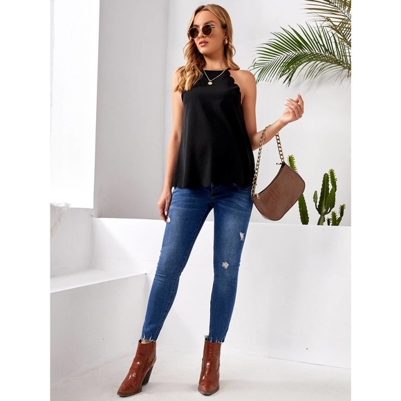 Maternity Scallop Trim Halter tank Top black - Picture 5 of 5